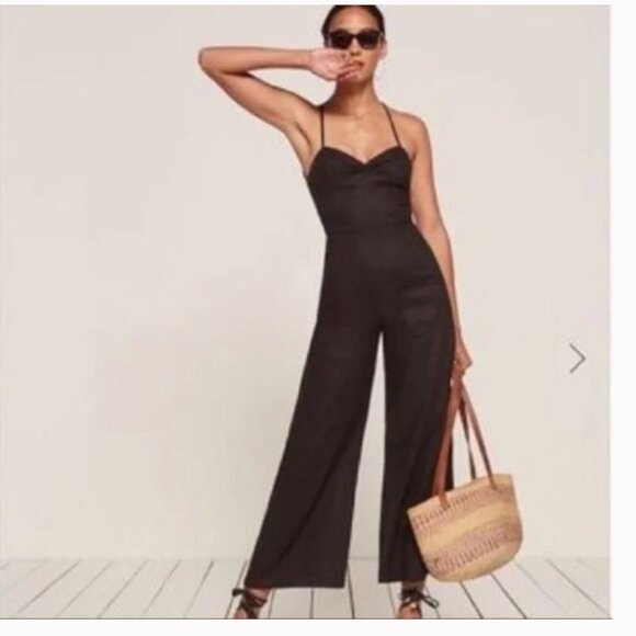 Reformation Oregano Linen Wide Leg Jumpsuit in Black Sz 4 - Picture 1 of 1